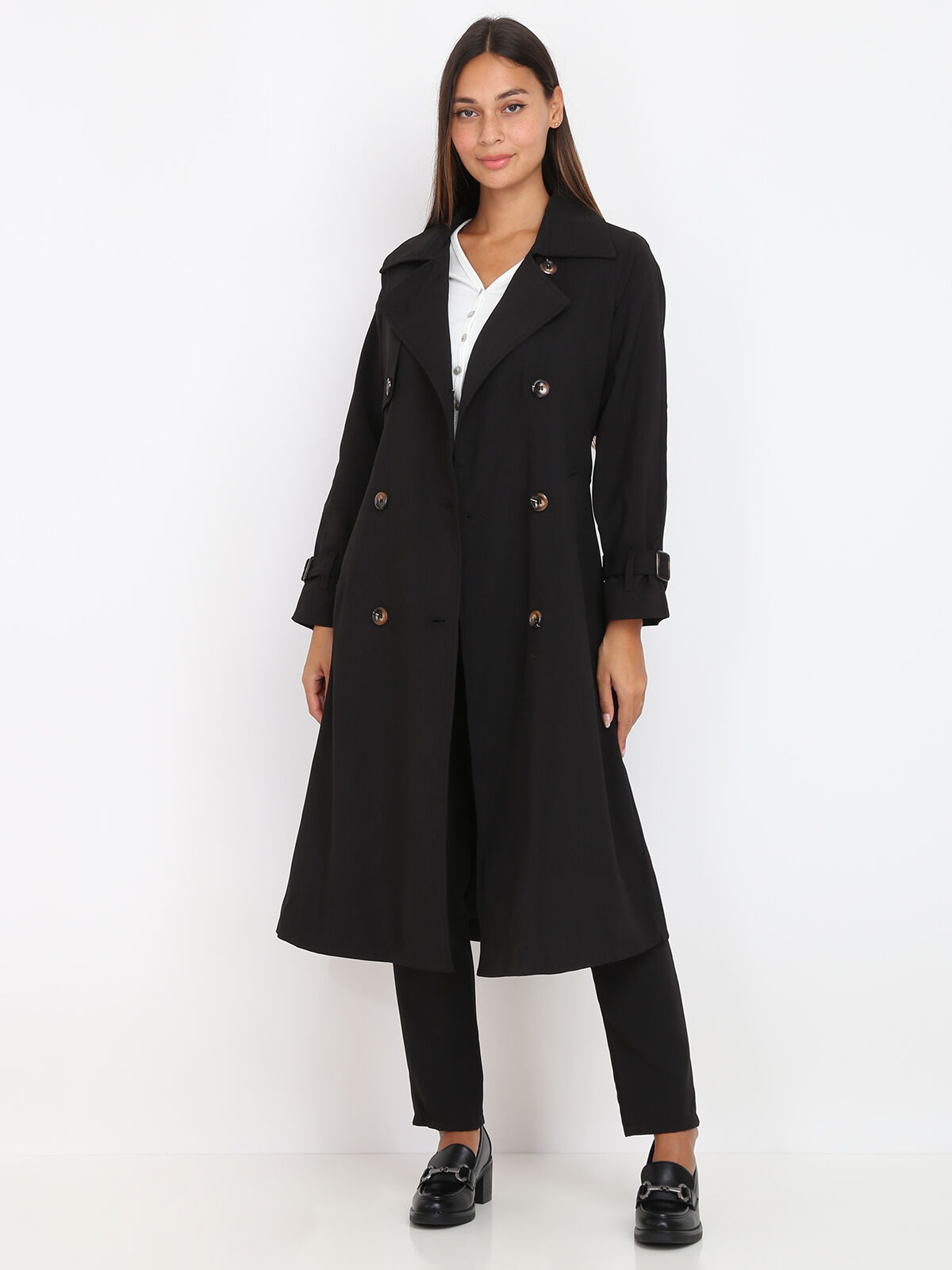 Trench mi-long droit ceinturé- Noir