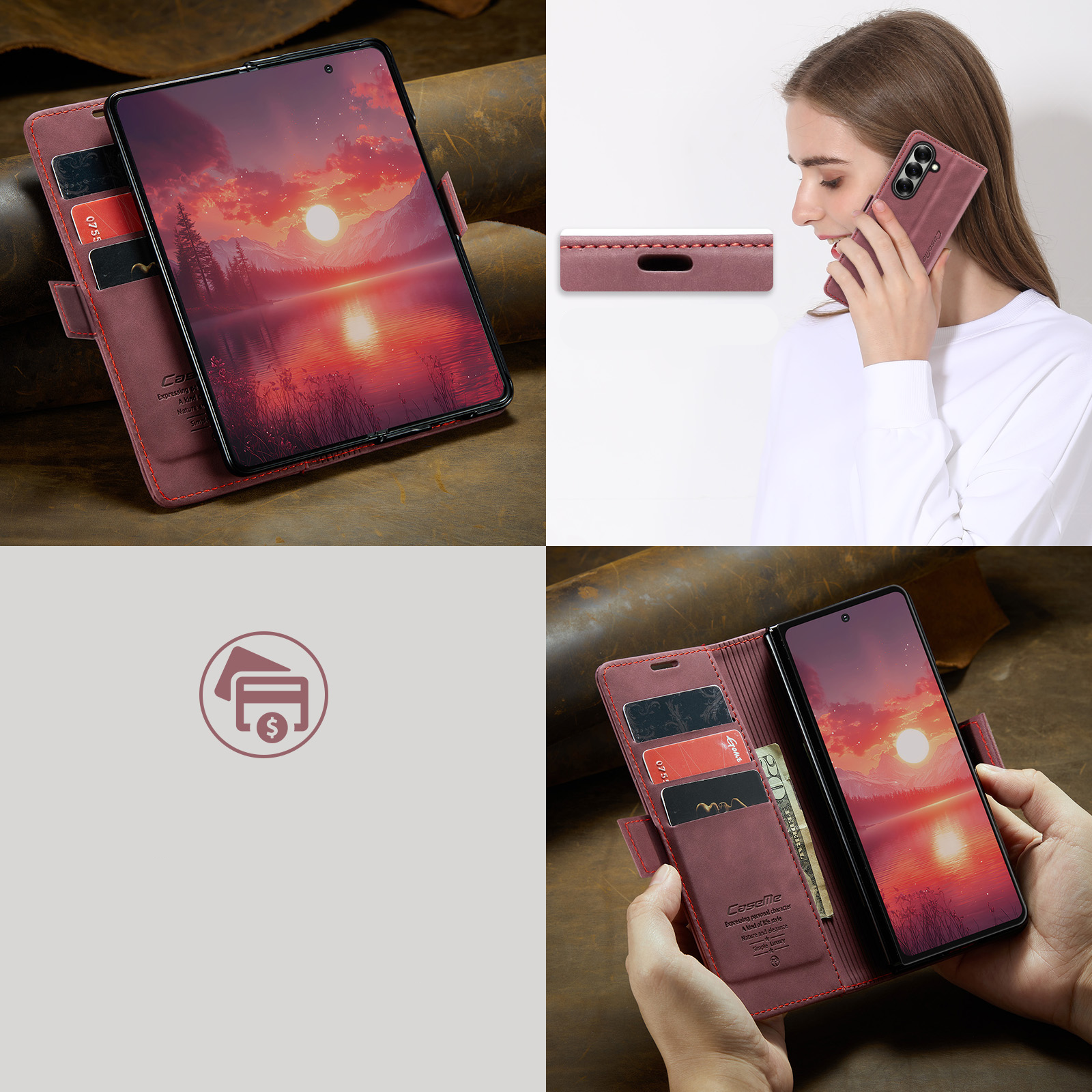 Samsung Galaxy Z Fold7 Leder Tasche Flip Wallet Etui mit Kartenfächern - Rot