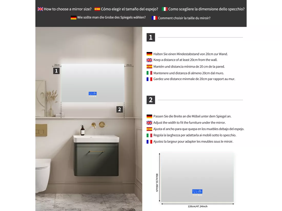 Miroir Salle de Bain avec Éclairage - 120 x 80 cm - Miroir LED Salle de Bain - avec Tactile, Anti-buée, Horloge, Température, Dimmable