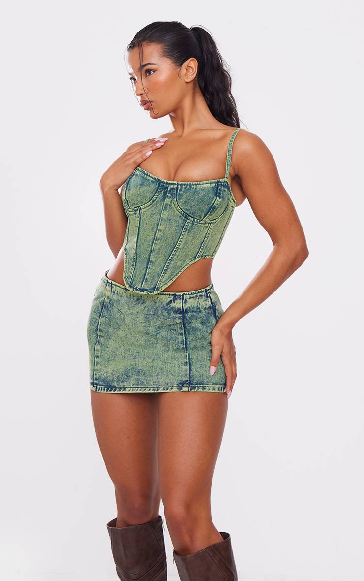Top Corset En Denim À Teinte Verte Et Ourlet Incurvé