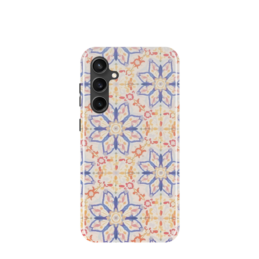 Samsung Galaxy S23 FE Hybrid (Kunststoff / Gummi) Hülle Majolika-Aquarellblüte - Blau / Gelb / Rot