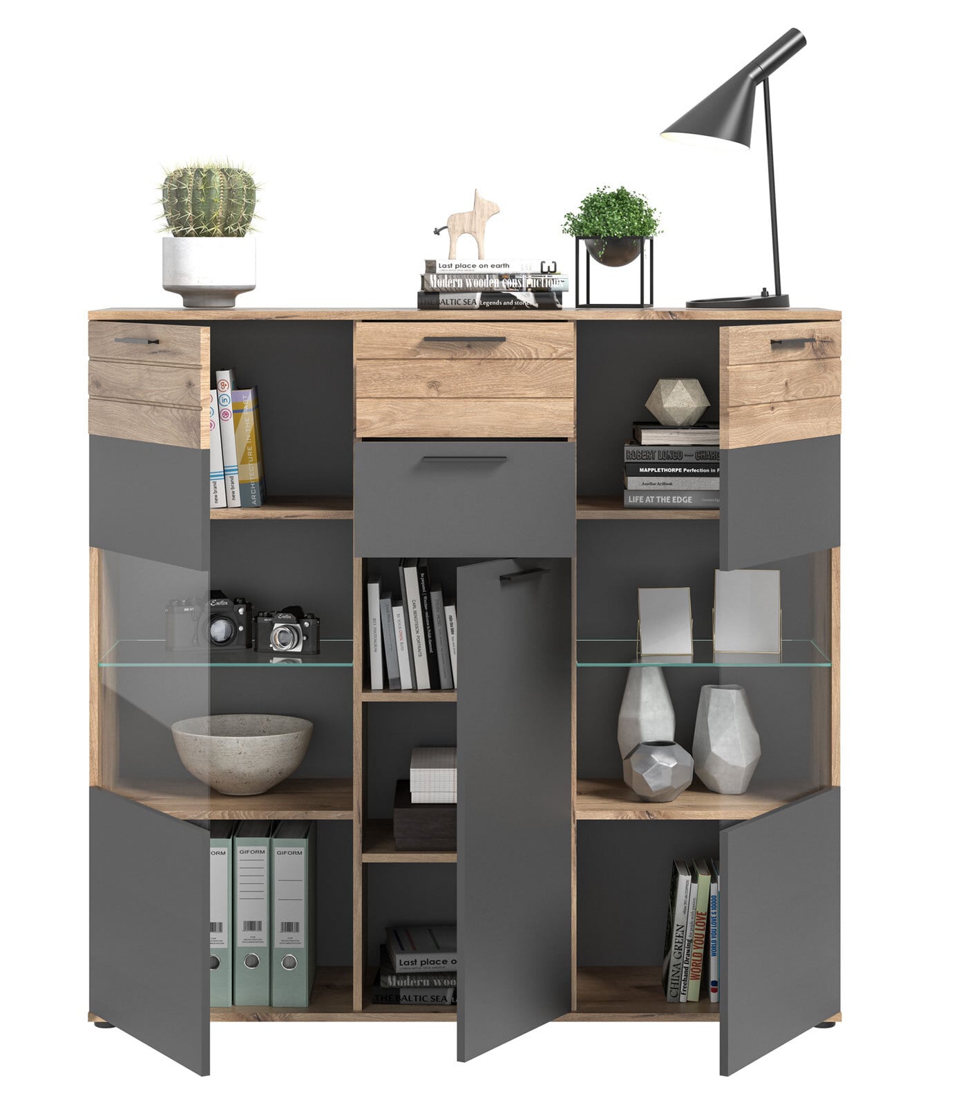 Highboard Mason Basalt Grau - Nox-Oak-Holzoptik 140x134x37 cm
