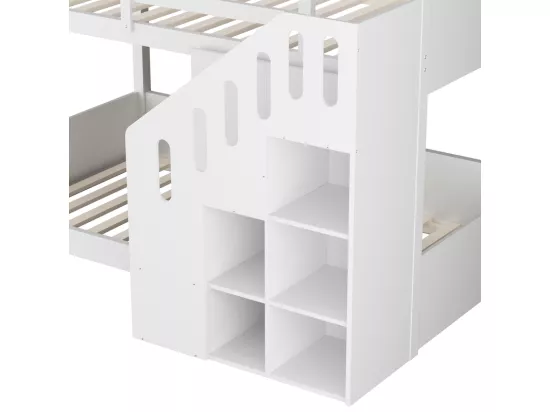 Lit superposé pour enfant - 2x90x200 cm - avec casier d'escalier et garde-corps - Blanc (sans matelas)
