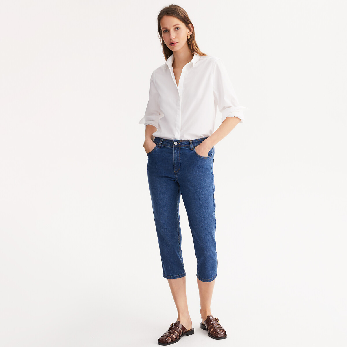 ANNE WEYBURN<br>Calça jeans 3/4 em denim elástico