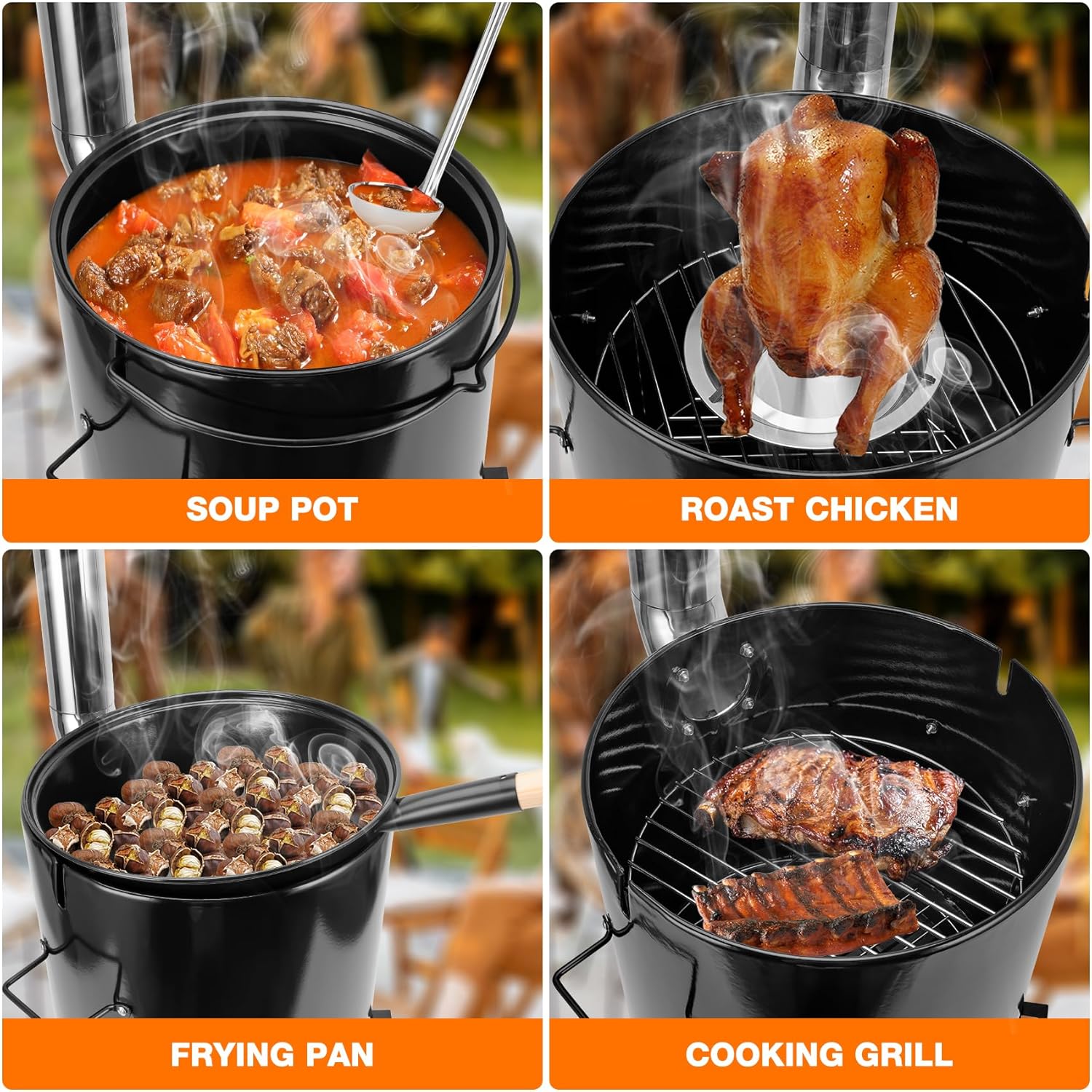onlyfire Emailliert Gulaschkanone, Kesselgulasch mit Hähnchenbräter, Grillrost, Gulaschkessel mit Suppenkelle, Deckel, Thermometer, 14L Eintopfofen mit Grillfunktion Ofen Grill Kugelgrill für Outdoor
