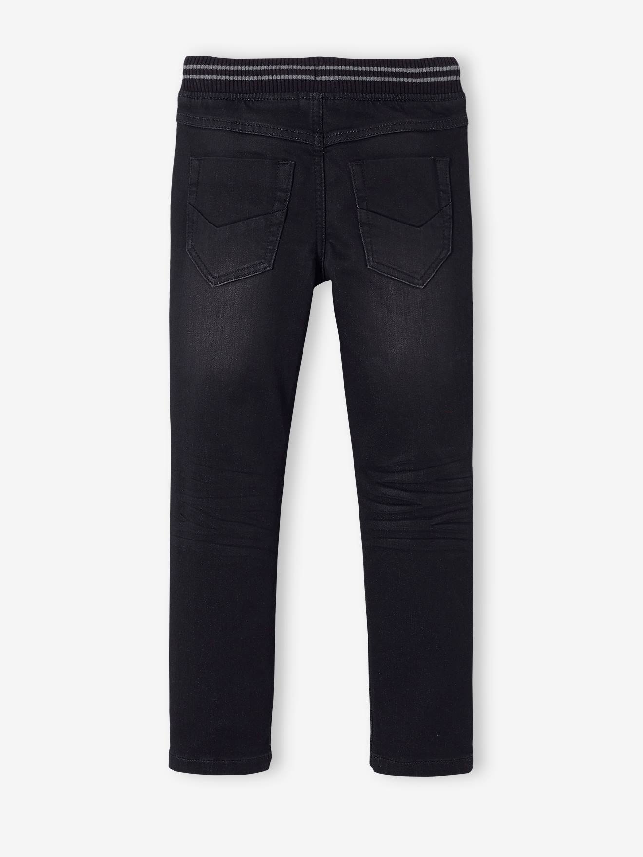 Calças de corte reto para meninos em fleece preto liso com efeito jeans.