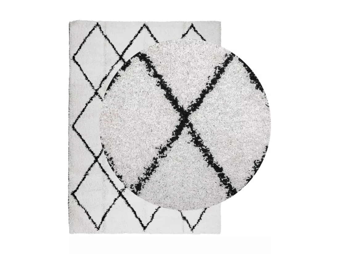 Tapis shaggy à poils longs moderne crème et noir 240x340 cm