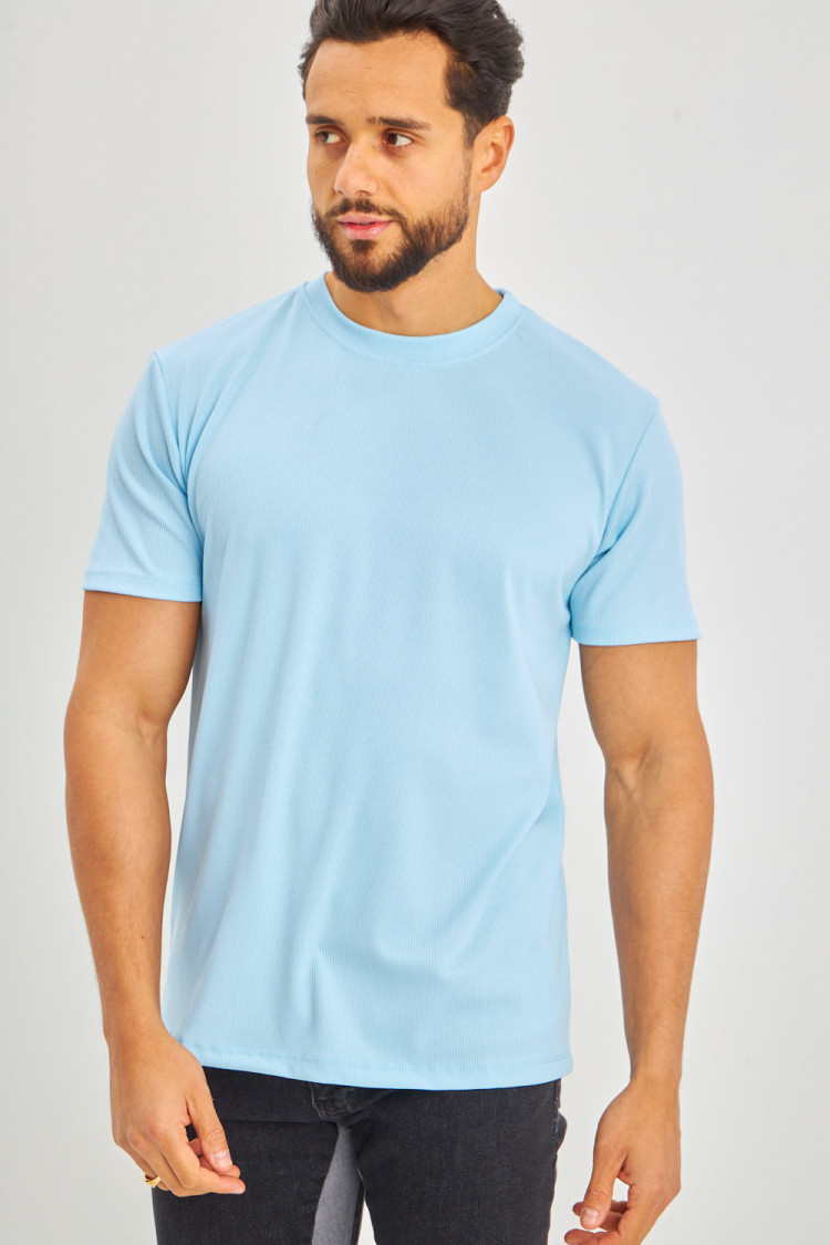 T-shirt bleu ciel côtelé à manches courtes