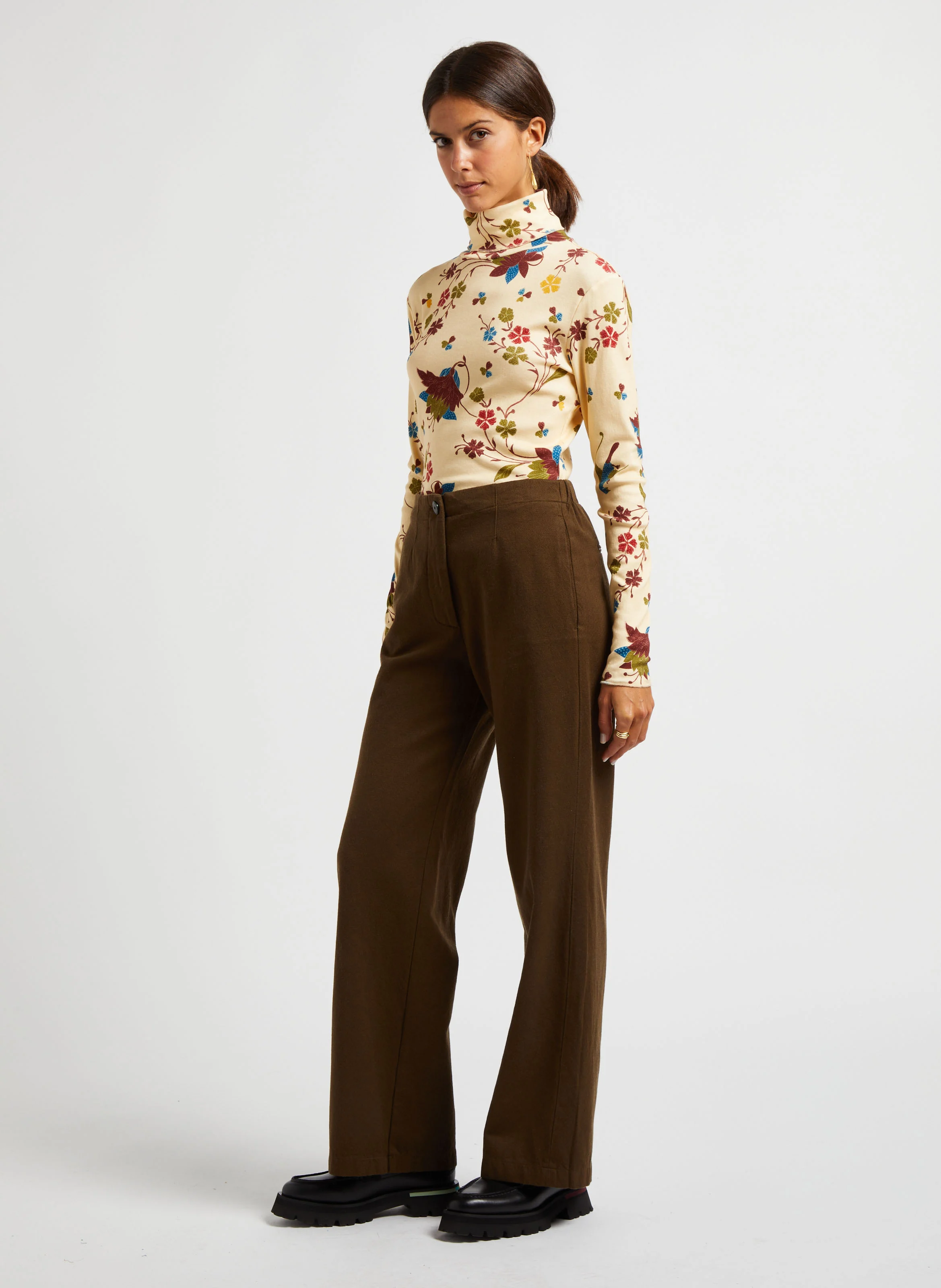 Pantalon large en laine et coton| Vert
