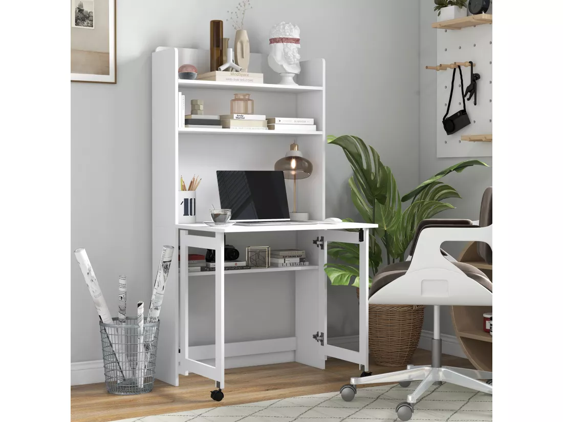 Bureau mural pliable table murale rabattable suspendue sur pied avec bibliothèque 3 étagères MDF blanc
