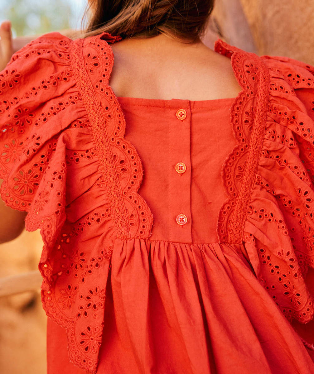 robe manches courtes fille rouge avec broderies et volants