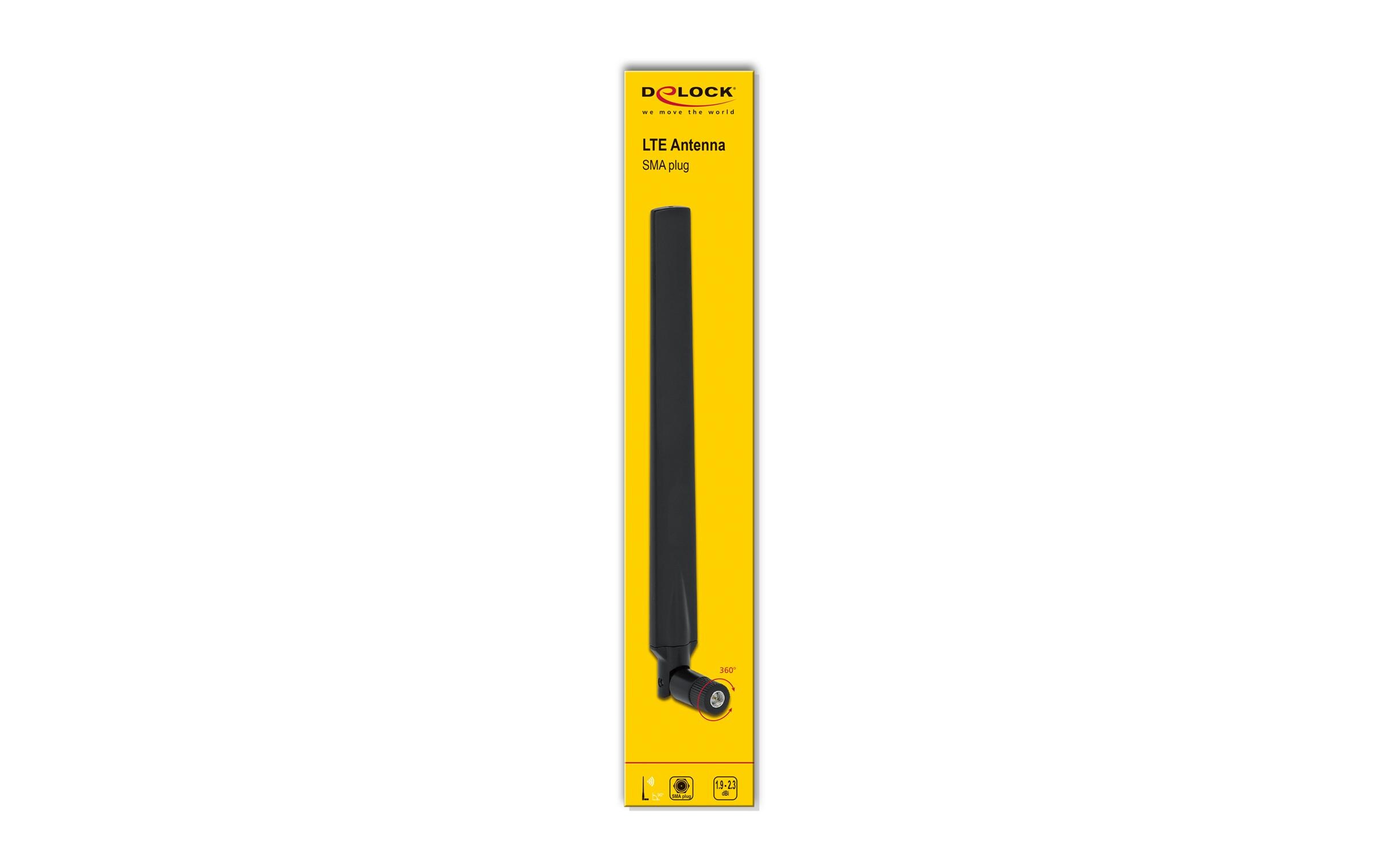 LTE-Antenne SMA, 2.3dBi SMA 2.3 dBi RundstrahlDelock LTE Antenne SMA Stecker 1.9 - 2.3 dBi omnidirektional mit Kippgelenk schwarz