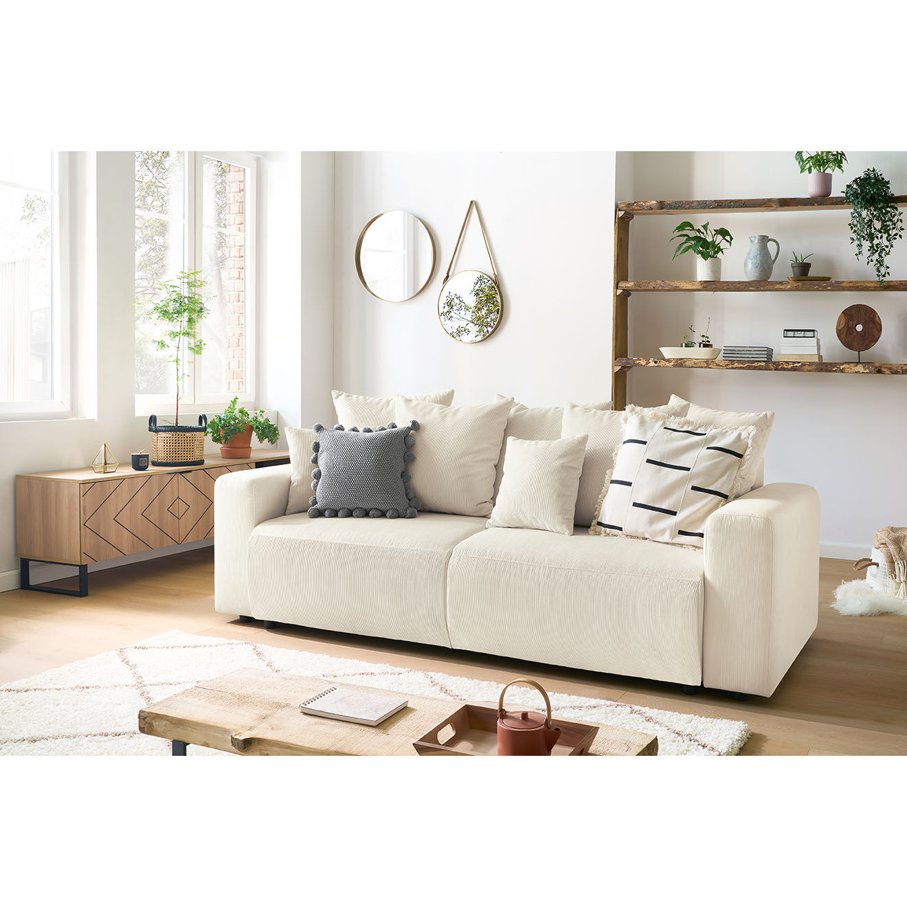 Bobochic Canapé 3 places convertible velours côtelé Envy beige - 245x102x88 cm