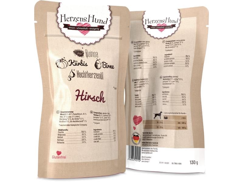 HerzensHund Nassfutter Hirsch mit Bio-Gemüse, 130 g Premium Bio-Ergänzungsfuttermittel für erwachsene Hunde