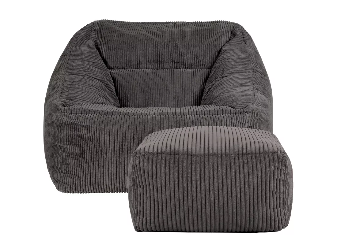 Pouf fauteuil et son repose-pieds carré velours côtelé gris anthracite - MORGAN