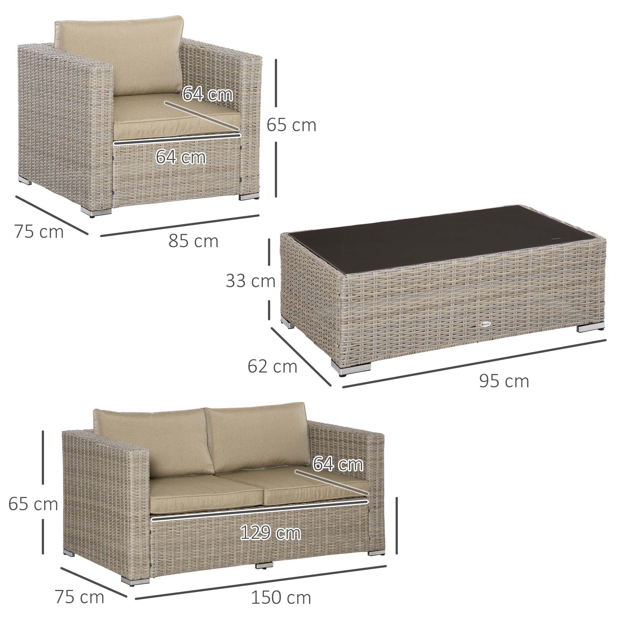 Outsunny Gartenmöbel Set mit Couchtisch bunt 150L x 75B x 65H cm