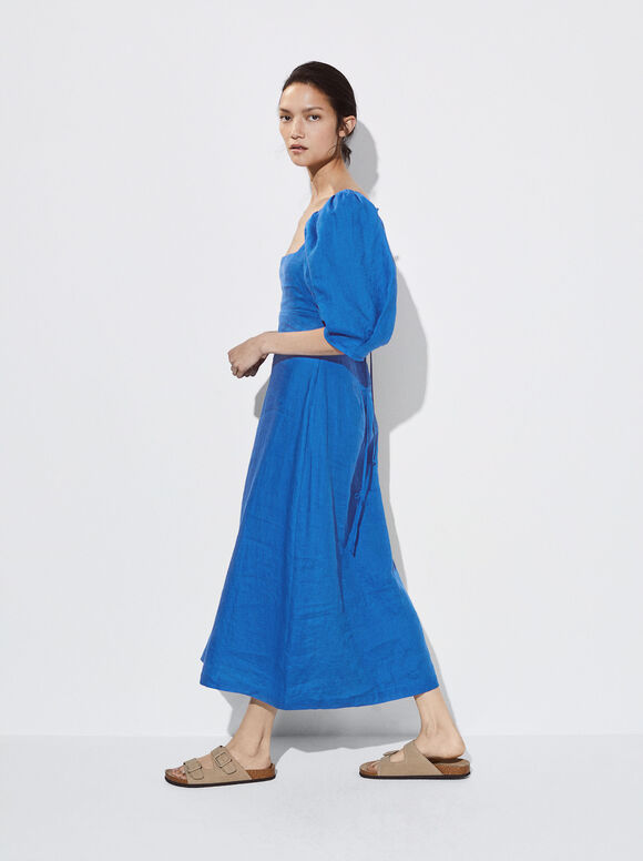 Vestido de linho com mangas bufantes - Azul