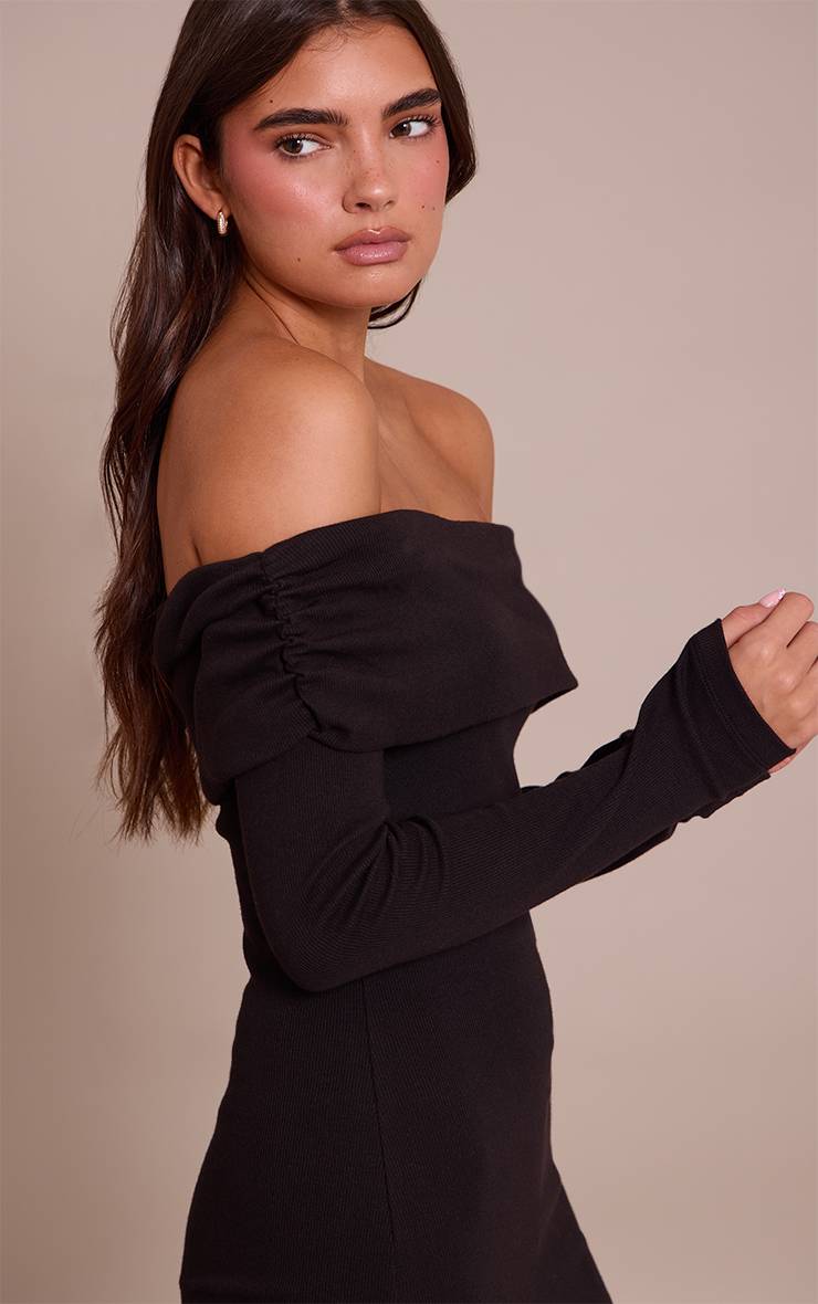 Noir Robe Moulante Côtelée À Manches Longues Et Encolure Bardot Rabattue
