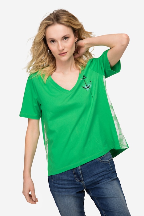 T-Shirt, A-Line, seitliches Karo, V-Ausschnitt, Halbarm