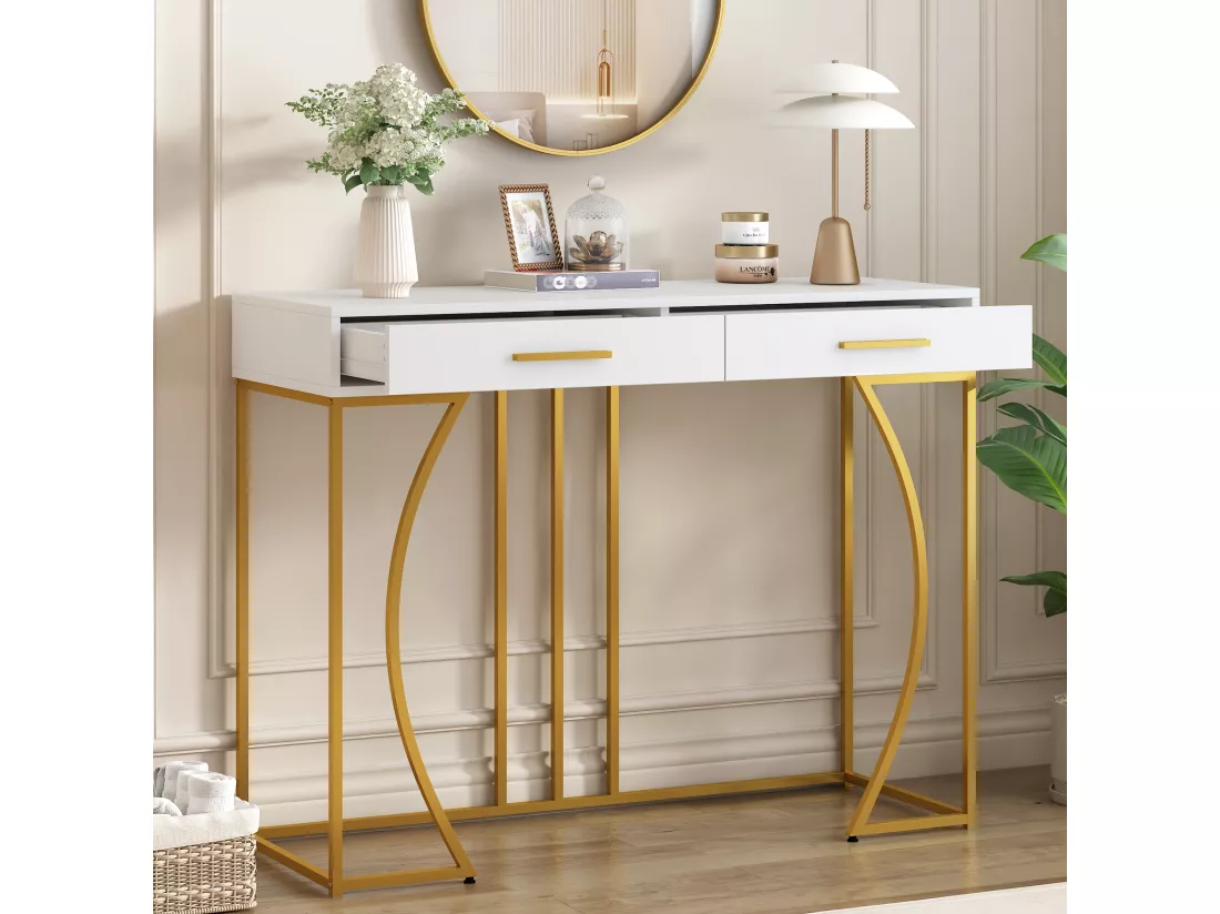 Table Console de Luxe avec 2 Tiroirs, Table d'Entrée en Métal et MDF, Table d'Appoint Élégante, Design Moderne, Blanc/Or