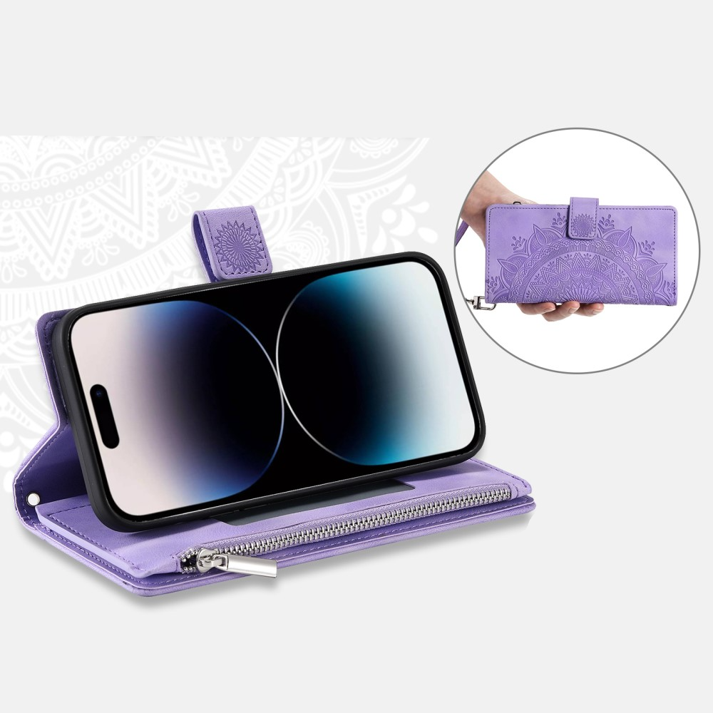 iPhone 16 Leder Tasche Flip Cover mit Reissverschluss - Mandala Flowers Imprint - Lila