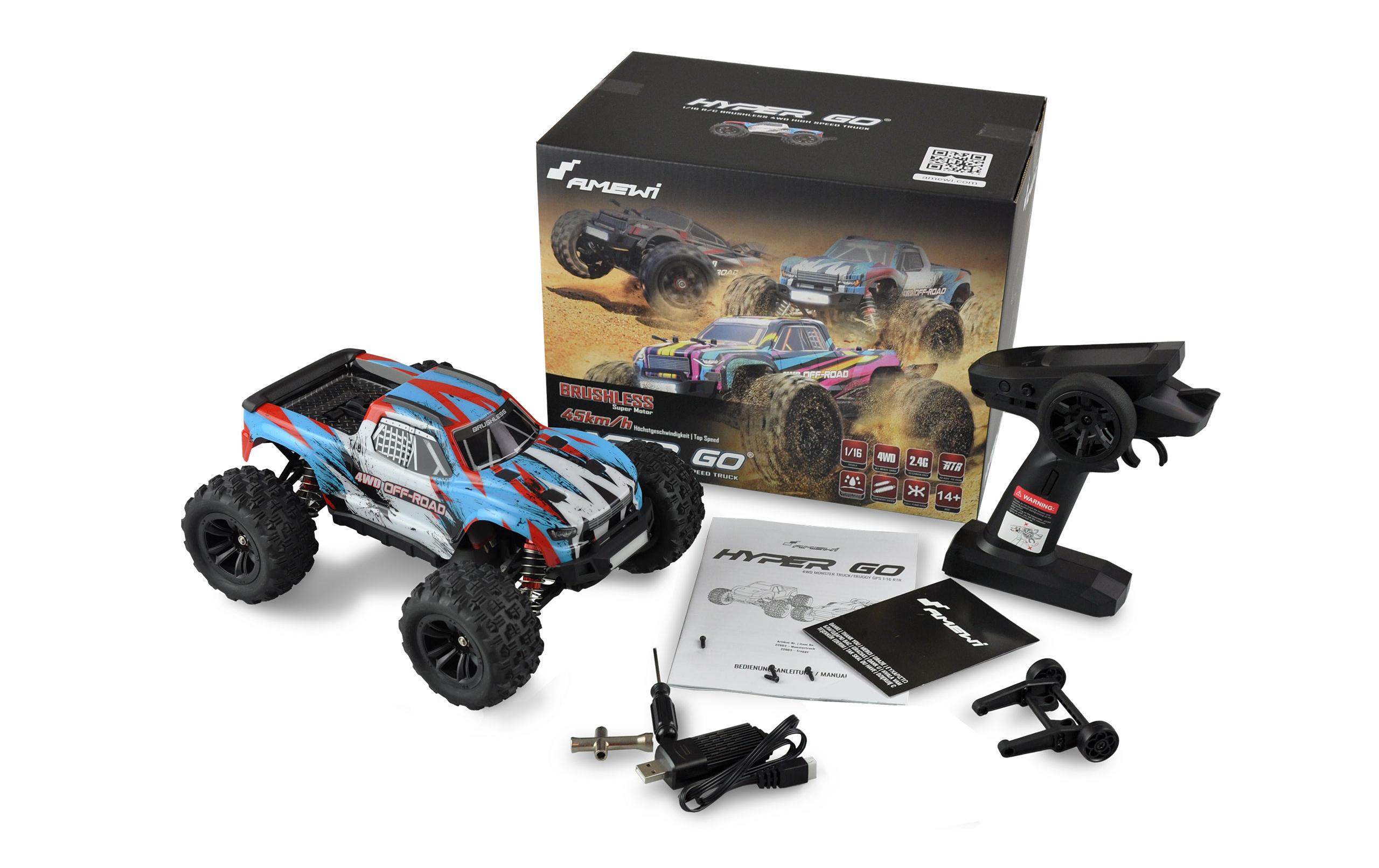 Monster Truck Hyper GO Brushless 4WD, Blau/Weiss, 1:16, RTR<br>Off-Road RC Modellauto mit Allradantrieb und 45 km/h Höchstgeschwindigkeit