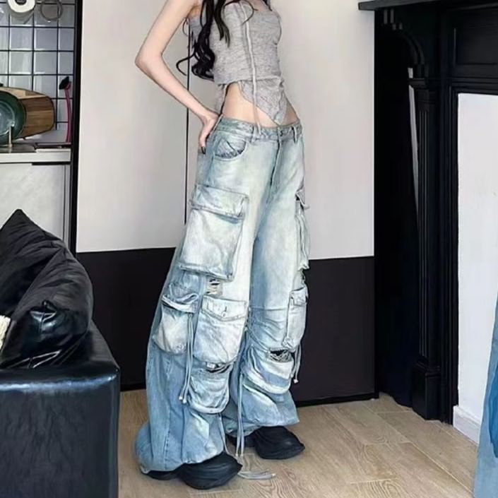 Slyaddie - Low Waist Washed Ripped Wide Leg Cargo Jeans