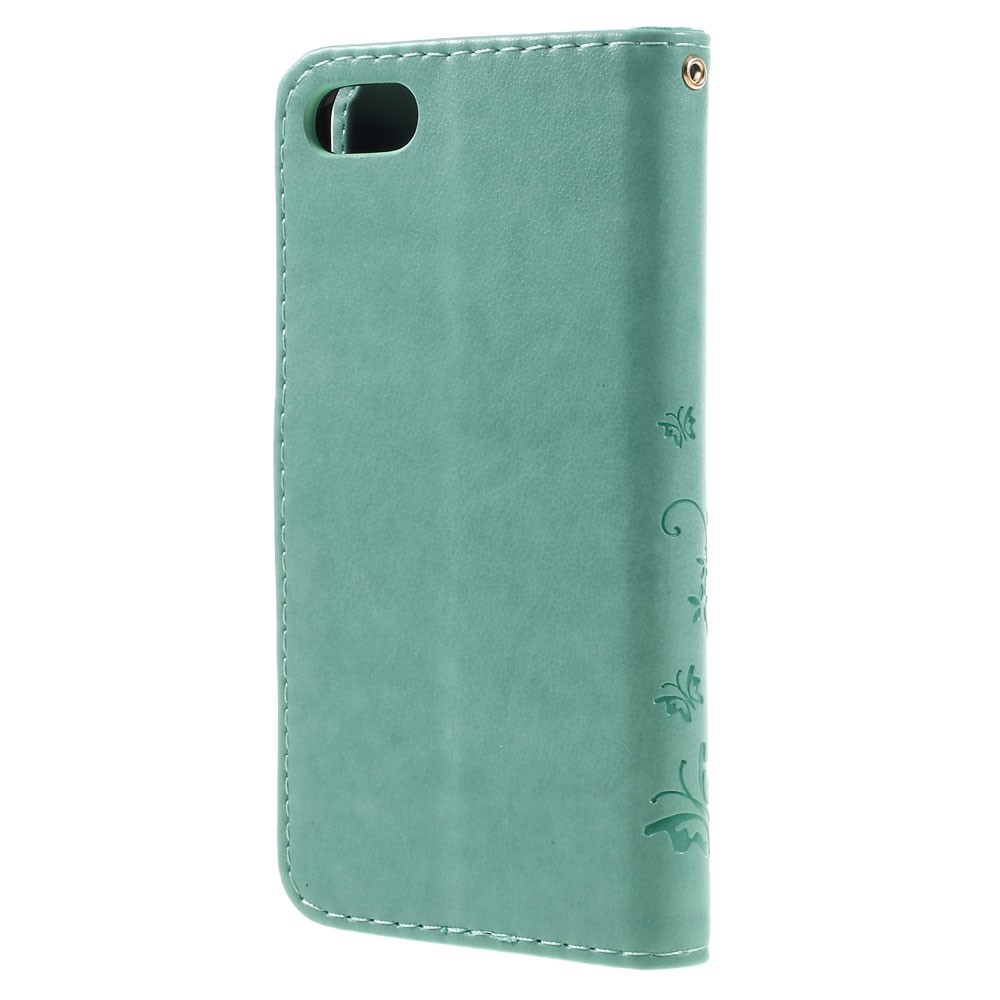 iPhone SE (2022/2020) / 8 / 7 Leder Tasche mit Kartenfach   Handschlaufe Butterfly Flowers - Türkis