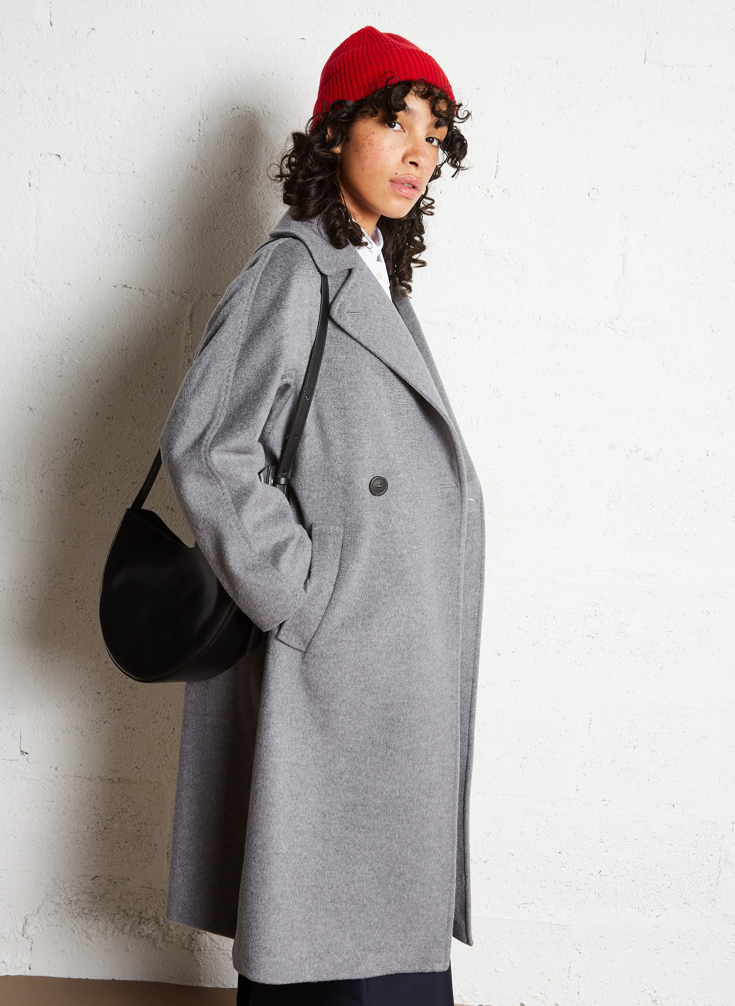 RESINA - Manteau long droit col tailleur en laine | Argent