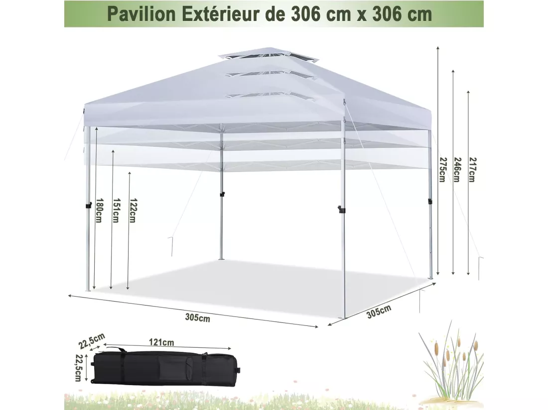 Tonnelle de Jardin Instantanée 305x305cm Toit Double Ventilé, Tente de Jardin Anti-UV Imperméable à 3 Hauteurs 217/246/275CM avec Sac à roulettes pour Patio CamBoisg (Blanc)