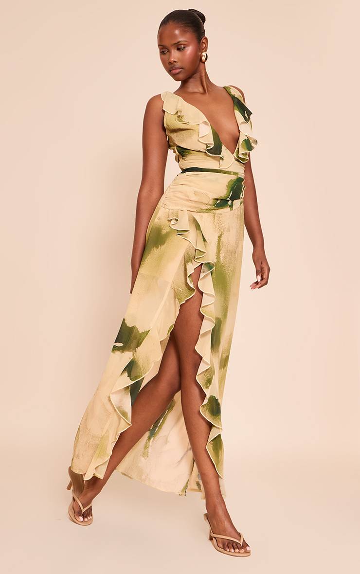 Vert Robe Longue À Bretelles À Volants En Mousseline Fleurie Avec Décolleté Plongeant