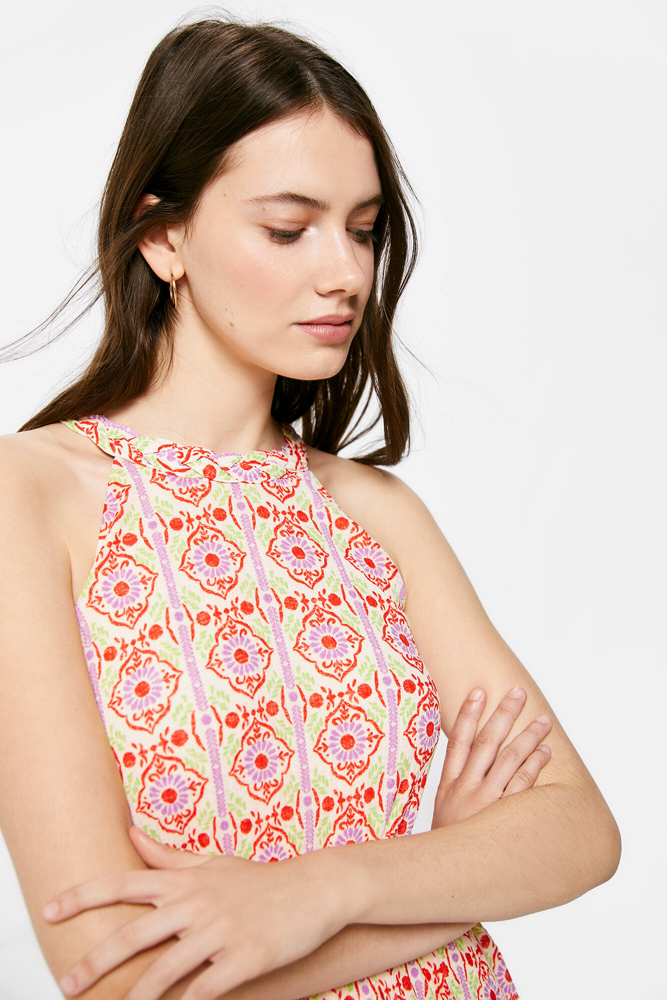 Vestido midi com estampa picot - Estampa laranja