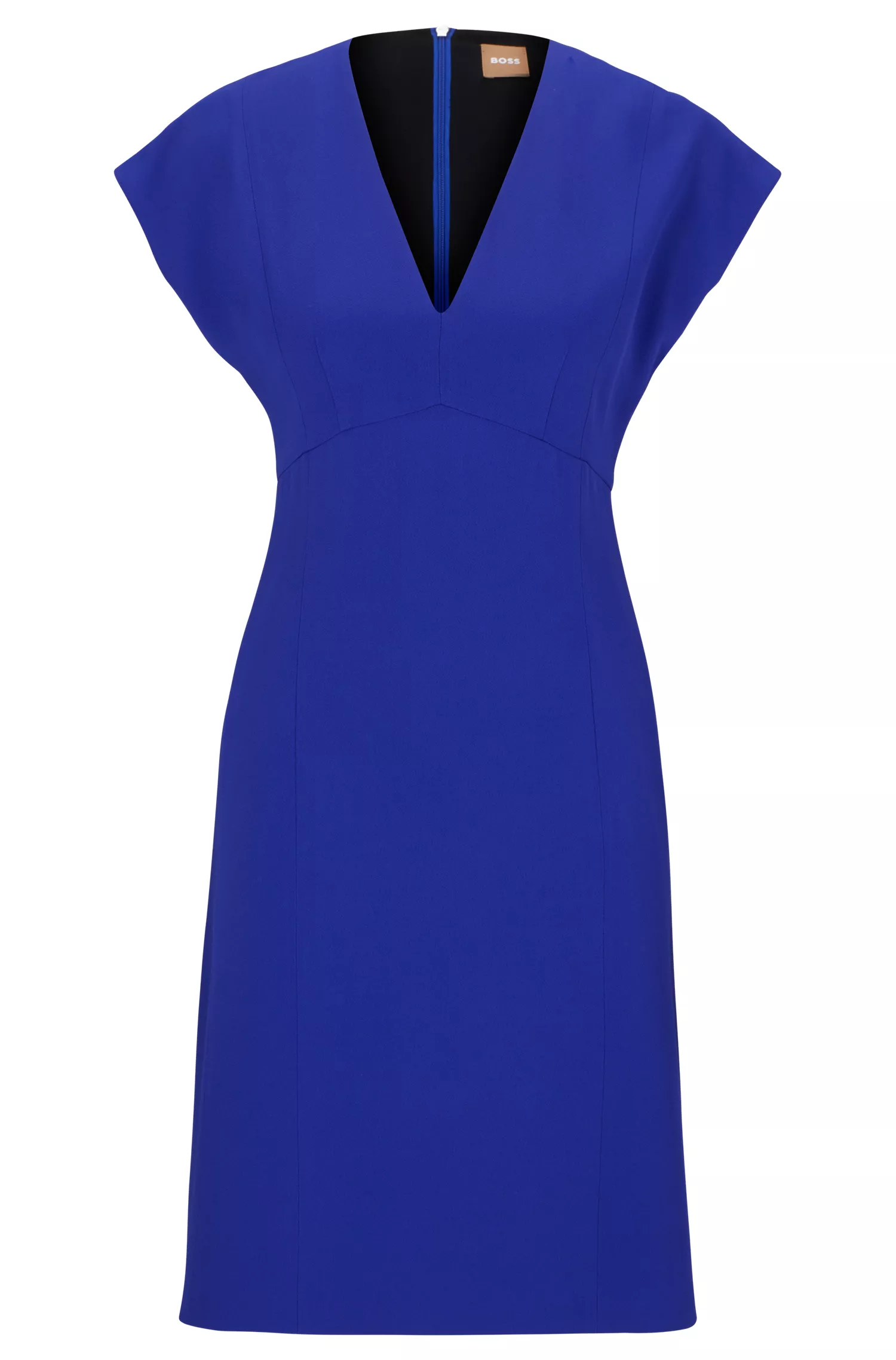 Vestido preto BOSS de corte justo com decote em V e mangas curtas.