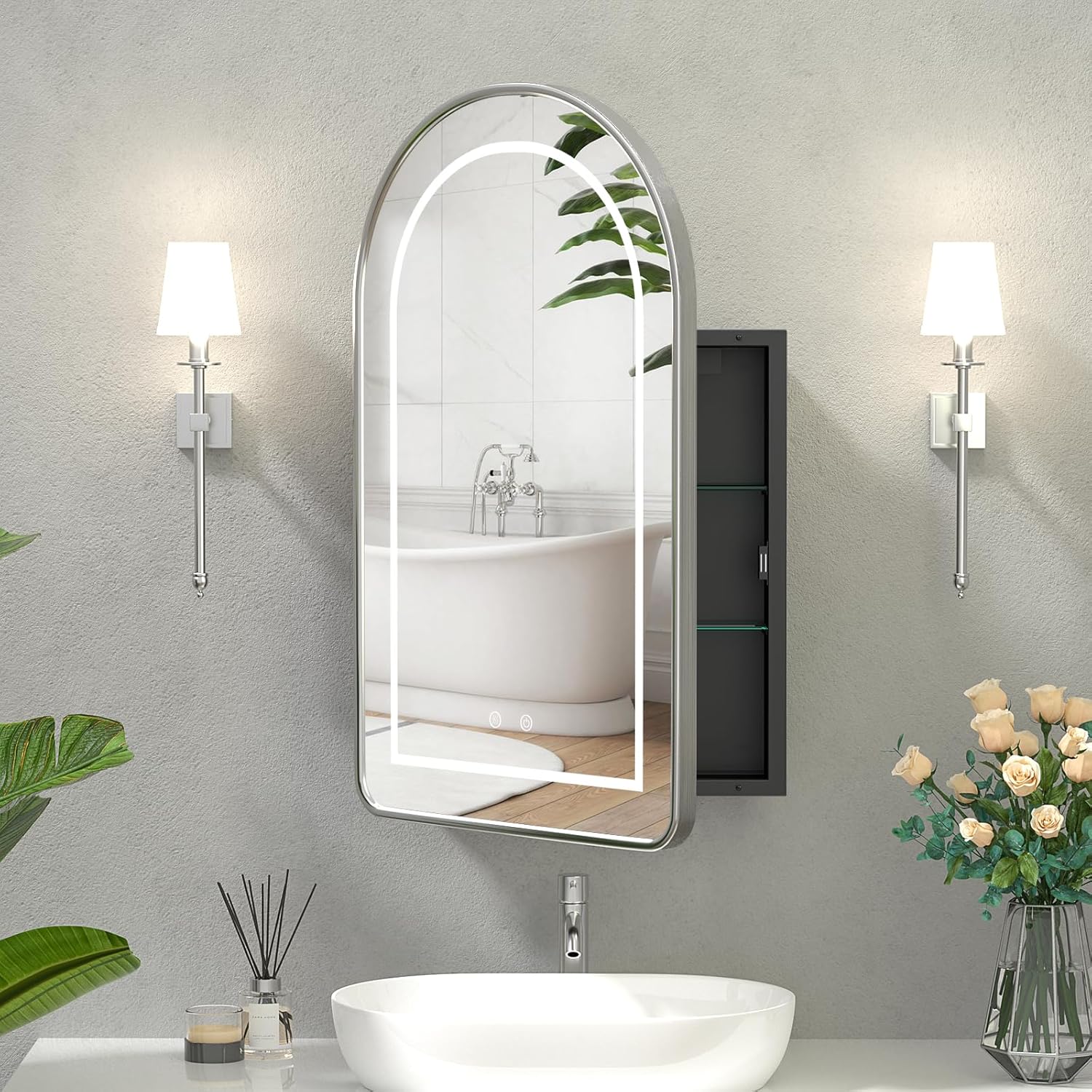 Arched Medicine Cabinet with Lights, Arch LED Cabinet with Mirror,Metal Framed Mirror Cabinet for Bathroom, Lighted Arched Medicine Cabinet Defogger, Oil Rubbed Nickel,20''x31''