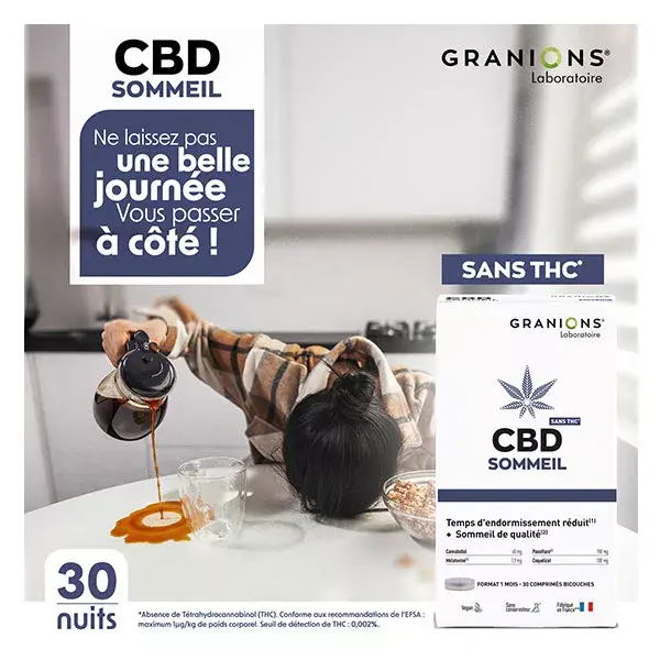 Granions CBD Sommeil - Cannabidiol + Mélatonine - Sans THC - 30 Comprimés