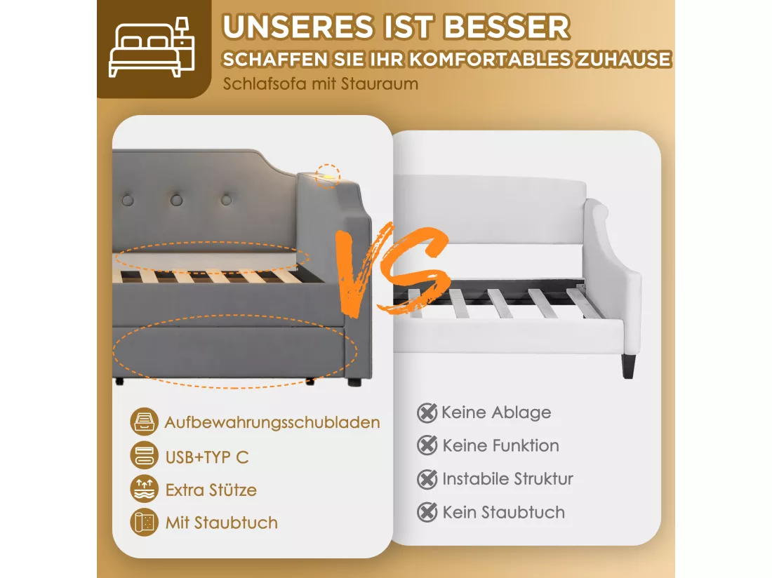 Lit capitonné 90 x 200 cm avec 2 tiroirs, canapé-lit avec 2 tiroirs, lampe de lecture et prise USB Type-C - Velours - Gris (sans matelas)