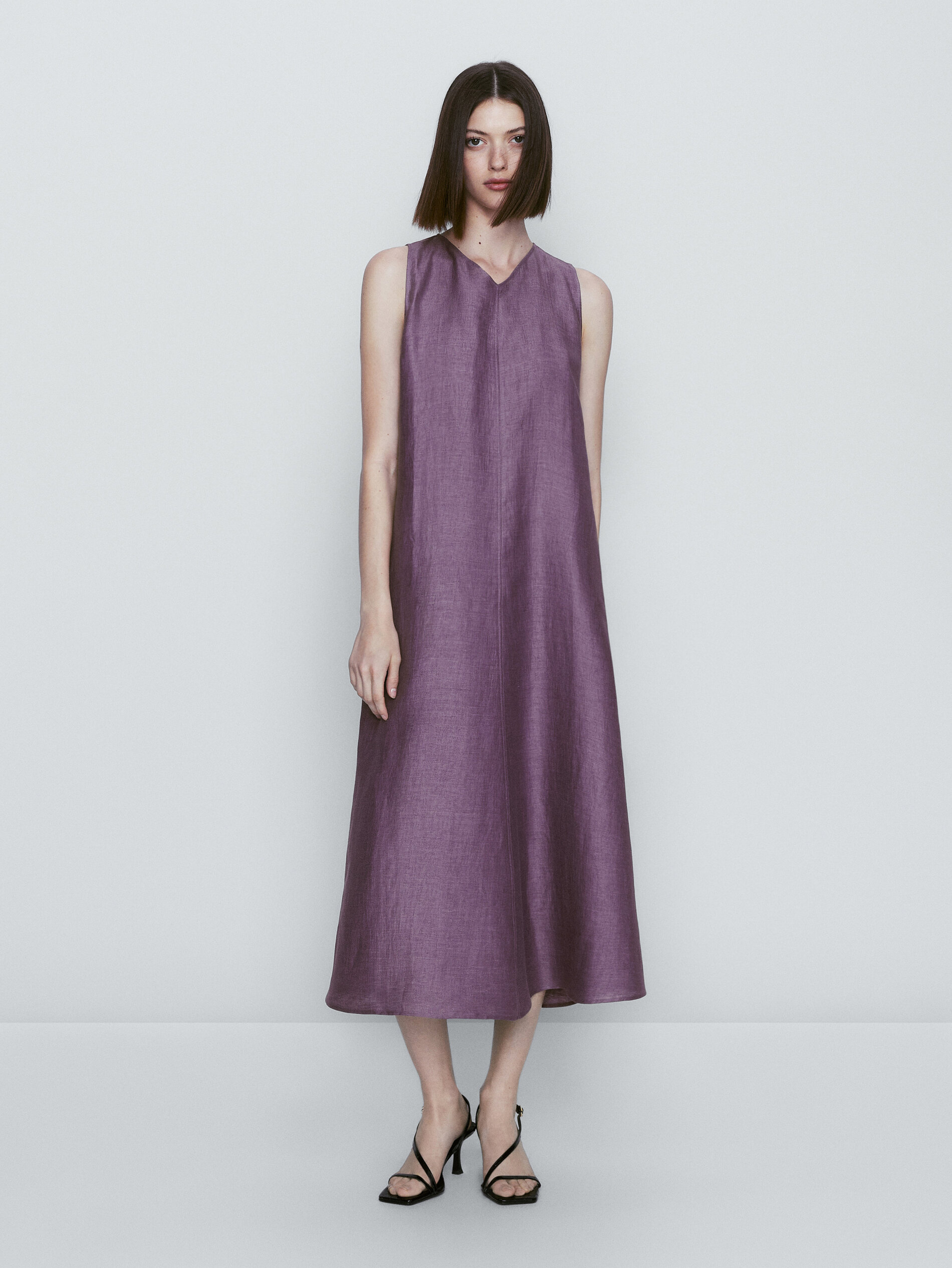 Vestido de linho misto com gola pontiaguda - ROXO