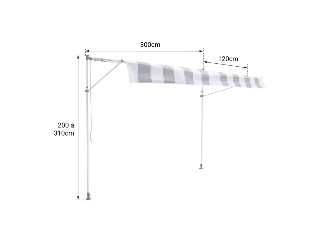 Store banne pour balcon CHENE 3 × 1,2m - Toile rayée blanche/grise et structure blanche - HAPPY GARDEN