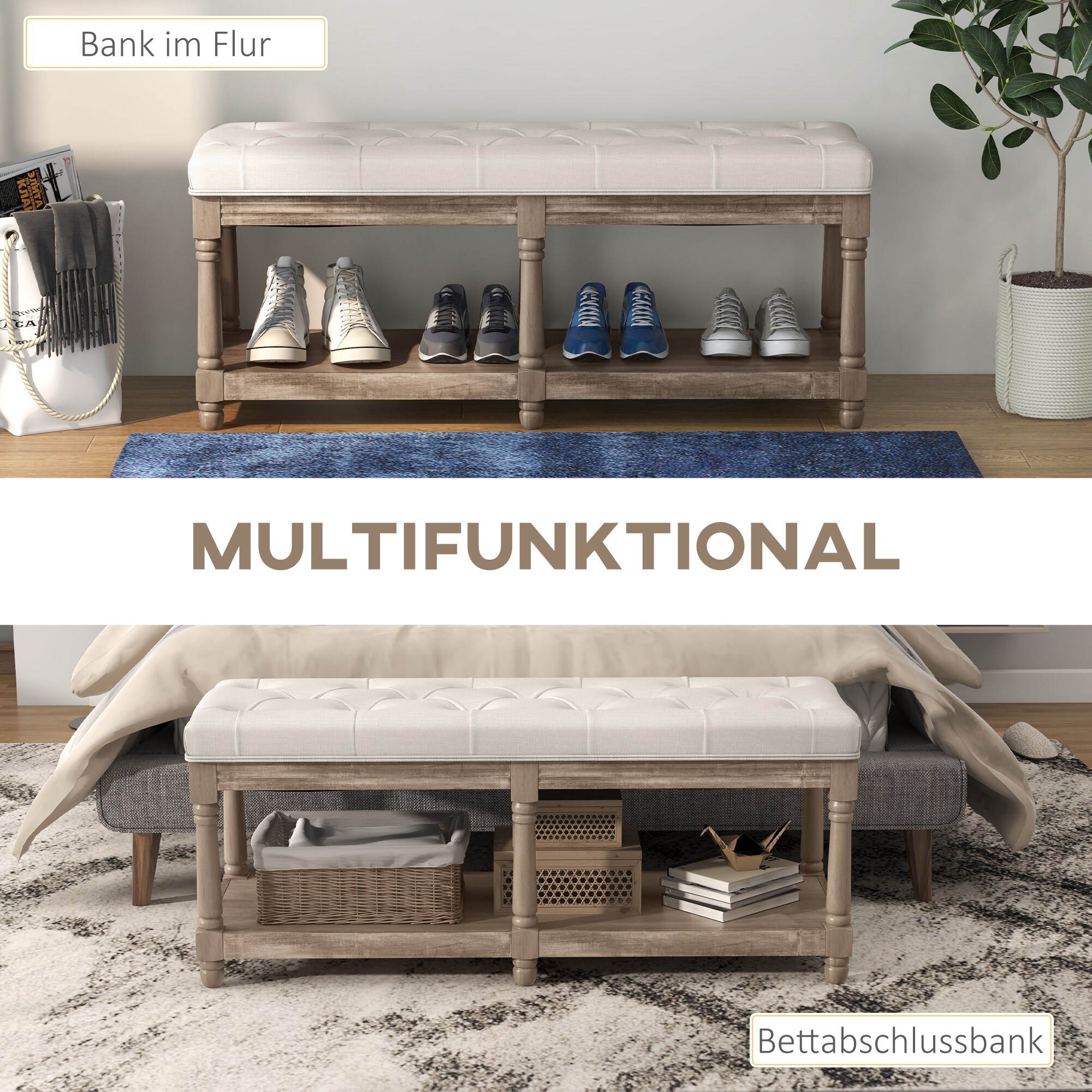 HOMCOM Schuhbank mit Polsterung und offenem Fach weiß 115L x 40B x 48H cm