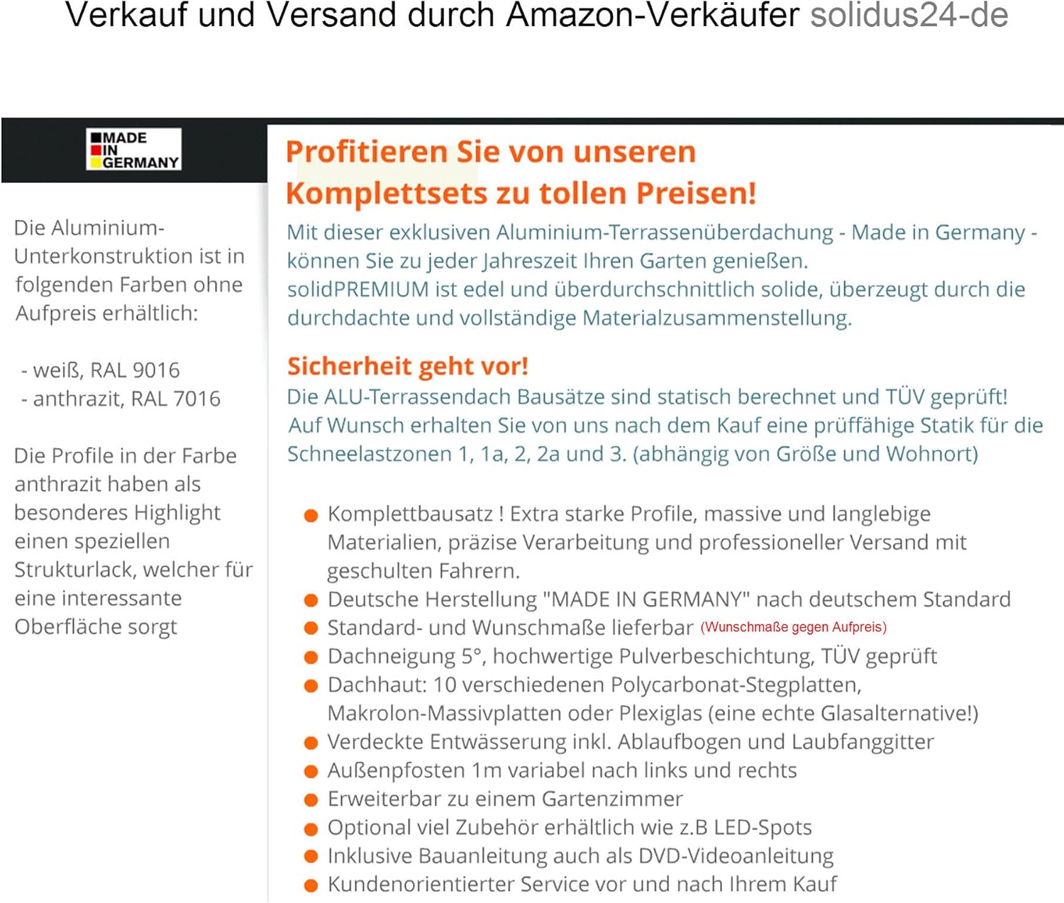 solidPREMIUM 406x200 cm BxT ALU Terrassenüberdachung ANTHRAZIT + 16mm 3-Fach Stegplatten + Zubehör - ÜBERDACHUNG TERRASSENDACH Aluminium VORDACH CARPORT TERRASSE WINTERGARTEN GARTENLAUBE PAVILLON