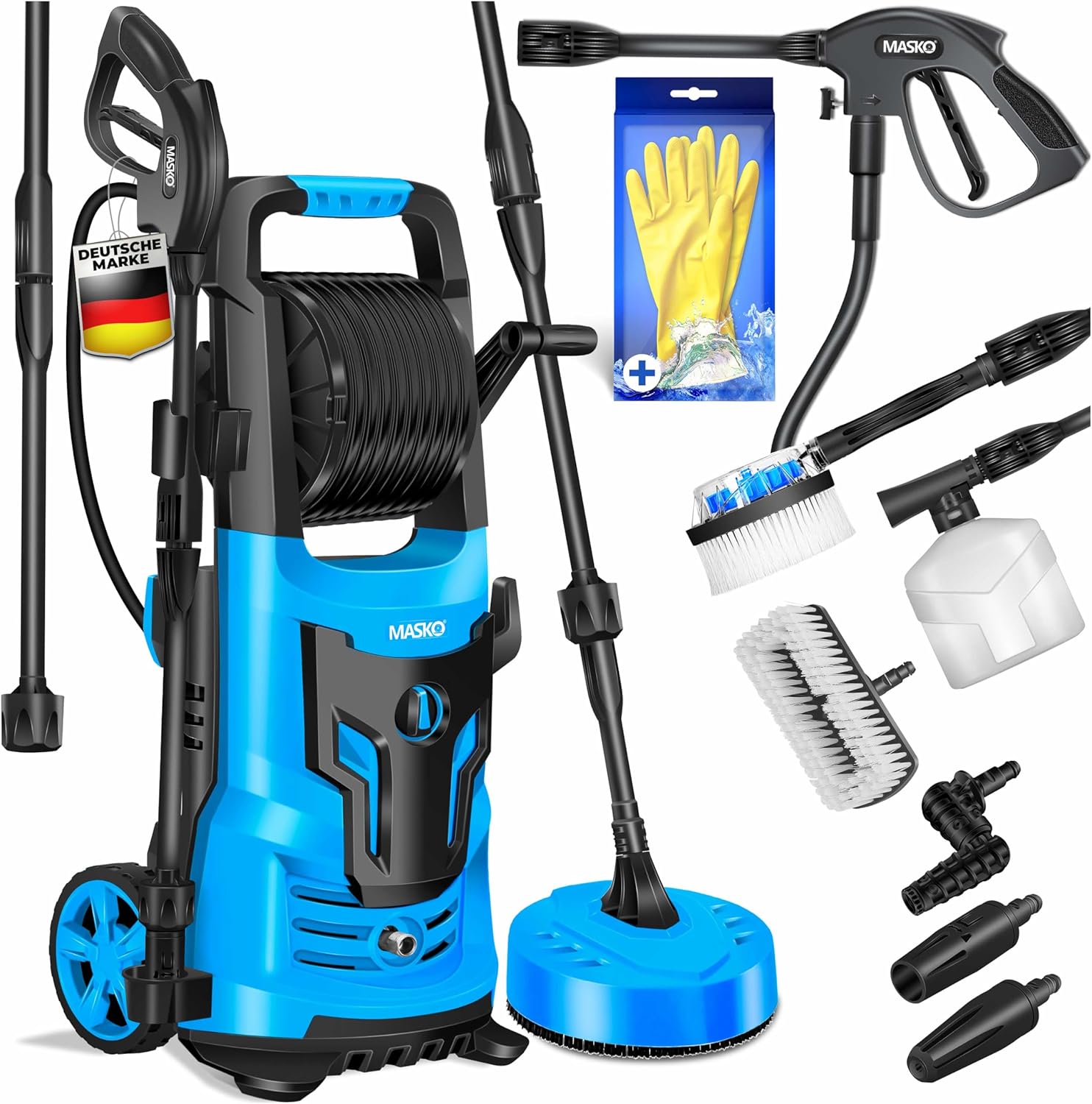 MASKO® Hochdruckreiniger 2200 Watt 165 bar 450 l/h, mit Spule Schlauchtrommel 10m Schlauch 9 TLG Zubehör Set, mit Handschuhen, Seifenflasche, Schaumdüse, Hochdruckpistole für Autos/Zäune/Garten/Patios