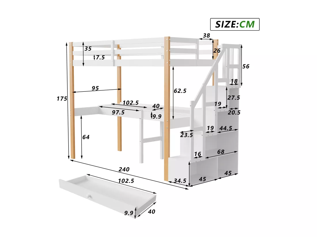 it superposé 90 x 200,lit mezzanine avec bureau,lit enfant avec escalier de rangement, garde-corps de sécurité,Blanc