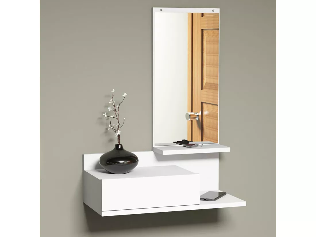 Étagère murale Gundsø pour entrée avec tiroir et miroir blanc [en.casa]