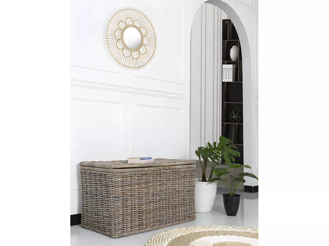Coffre de rangement en kubu TIMGAD - L100 x P55 x H55 cm - Gris naturel