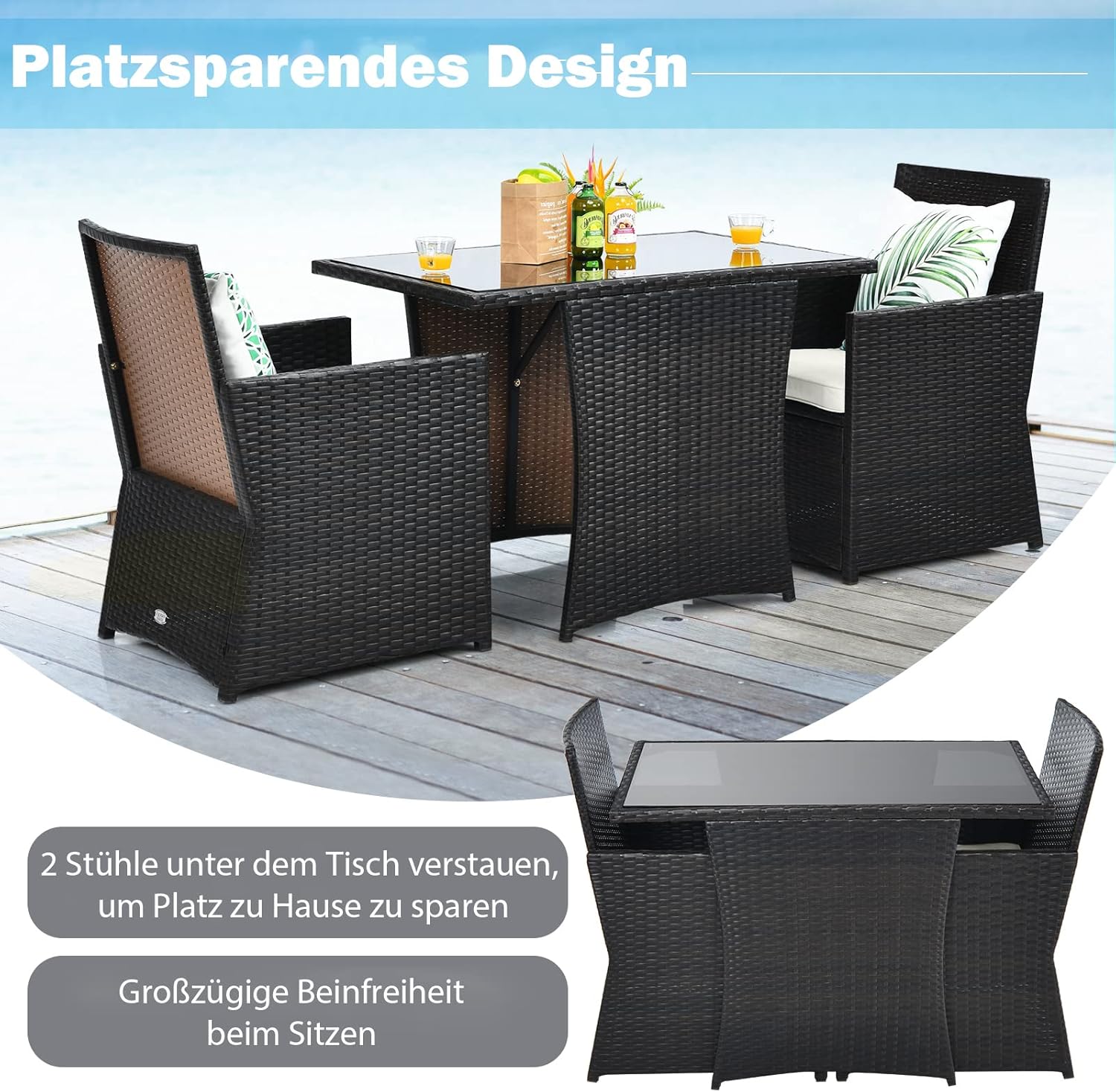COSTWAY 3tlg. Polyrattan Gartenmöbel Set, 2 Sessel und 1 Beistelltisch mit Glasplatte, Rattanmöbel Platzsparend, Gartenlounge Gartengarnitur Sitzgruppe, Sitzgarnitur Gartenset inkl. Sitzkissen
