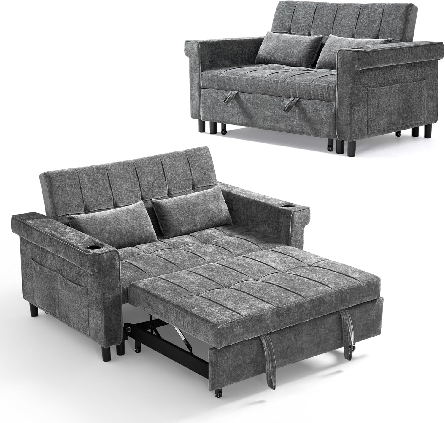 LINSY HOME 3-in-1 Schlafsofa, 2-Sitzer Sofa mit Schlaffunktion, Chenille Klappbares Schlafcouch mit Kissen, Seitentasche und Getränkehalter - Schlafbereich 120 x 190cm