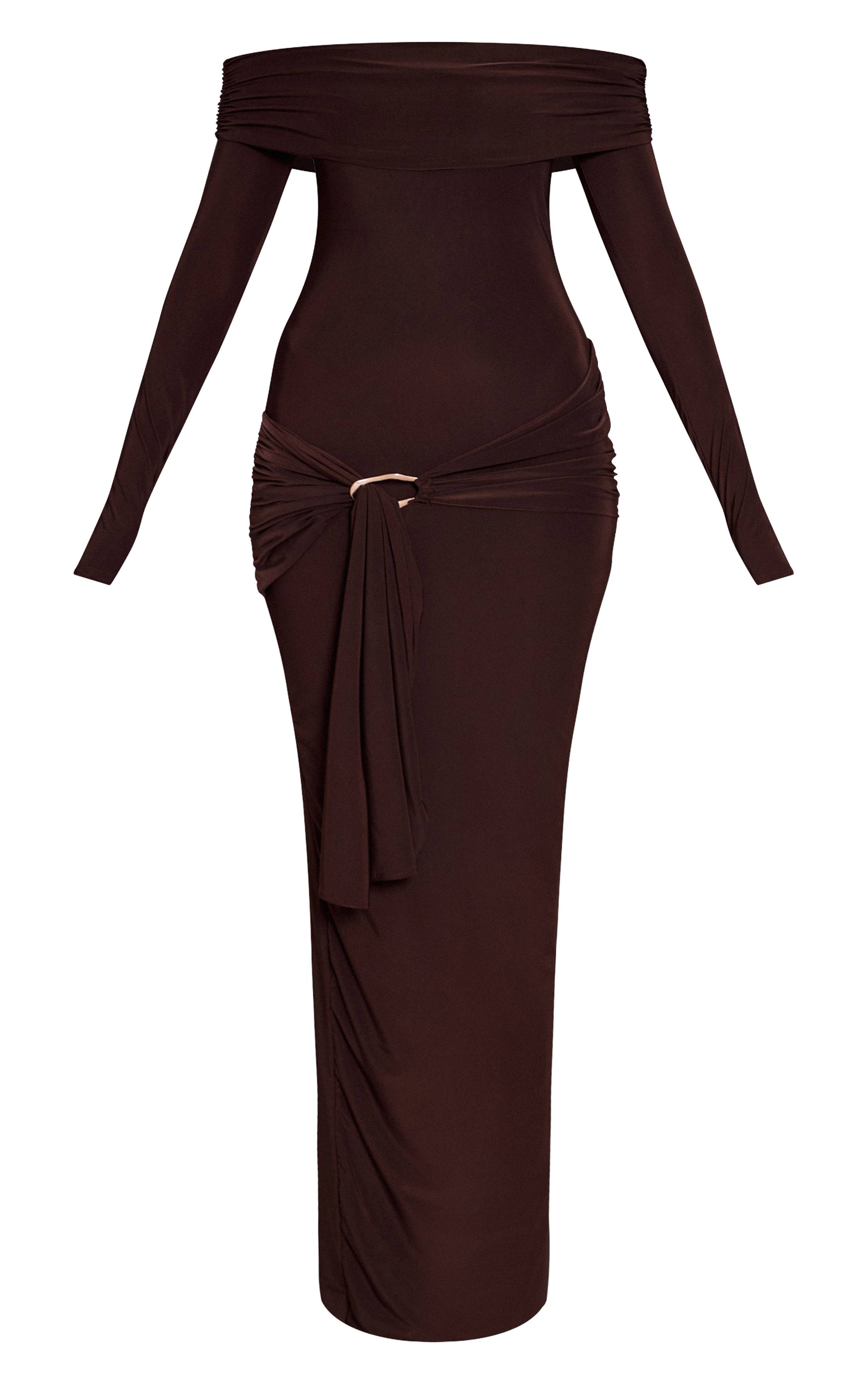 Chocolat Robe Maxi Portefeuille Épaules Dénudées En Tissu Slinky