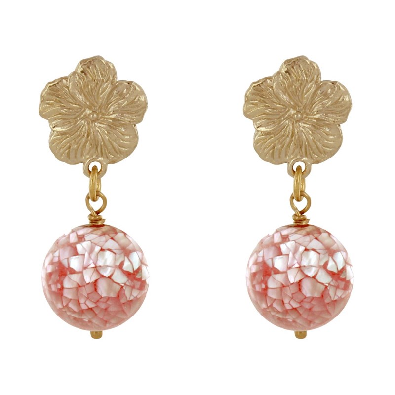 Boucles d'Oreilles Clous Métal Doré Fleur et Perle de Nacre Facettée