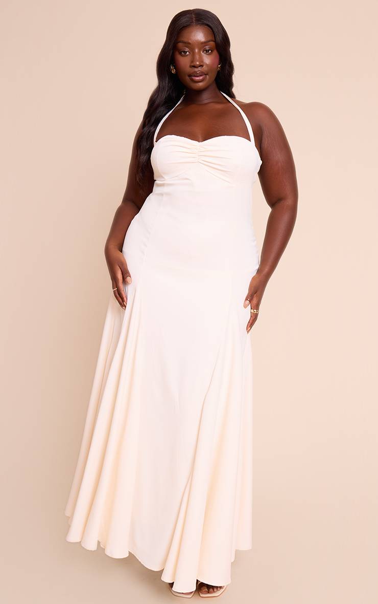 Crème Robe Longue Grande Taille Tissée À Encolure Américaine Avec Détail Froncé Au Buste
