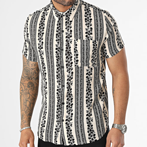 Chemise Manches Courtes Beige Noir Floral